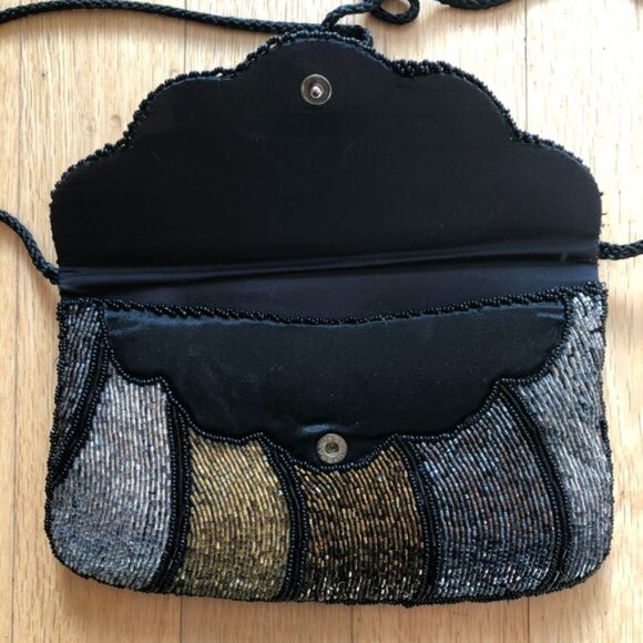 Vintage Metallic Beaded Scalloped Edge Shoulder Clutch Evening Bag - Picture 4 of 5